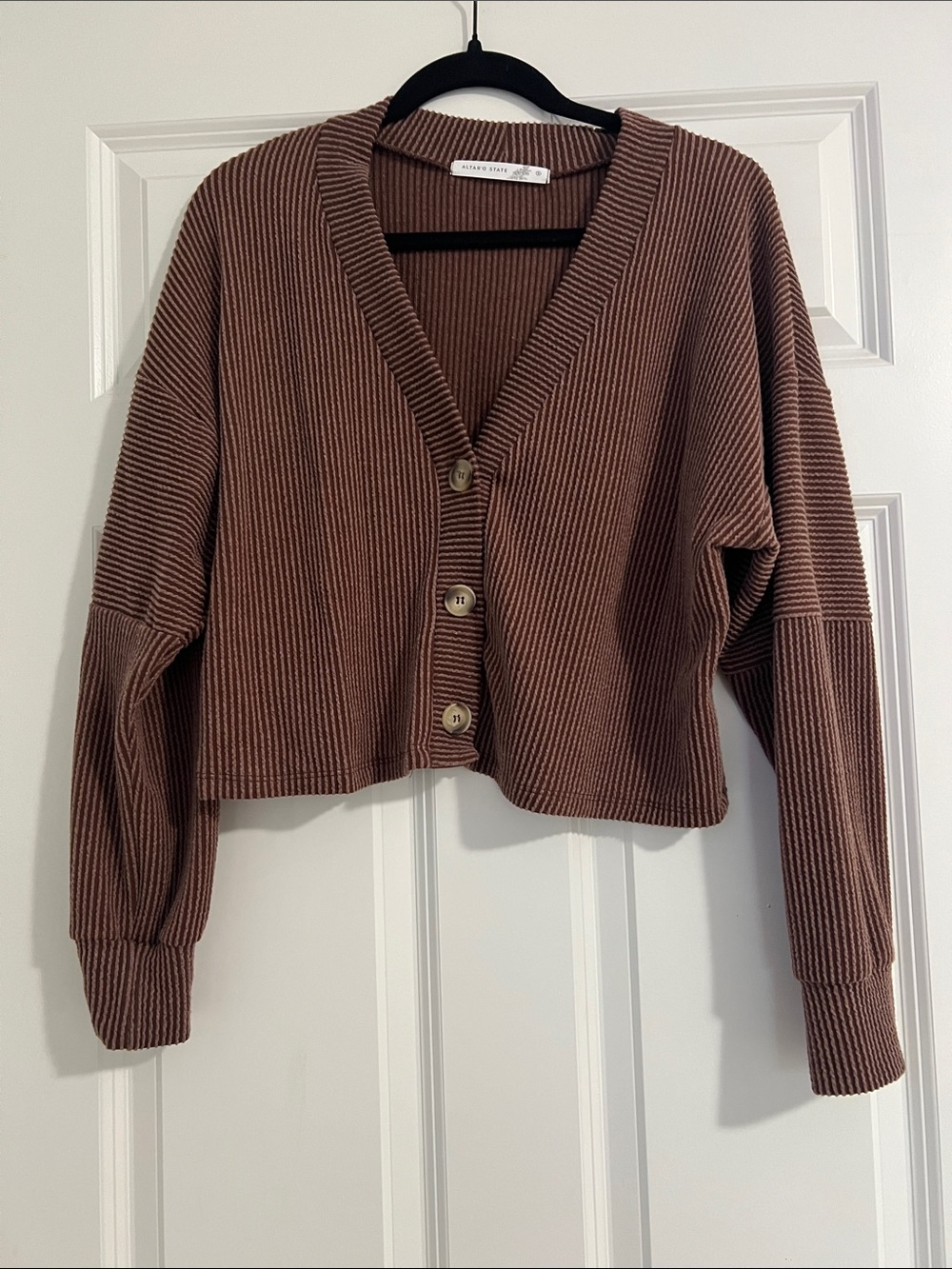 Altar'd State Cropped Ribbed Button-Front Cardigan — Brown
